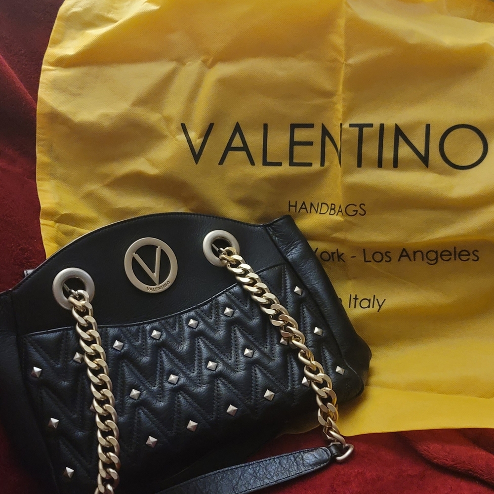 Valentino Black Leather Shoulder Bag with Gold Chain